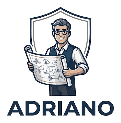 Adriano: a smiling architect holding a blueprint in front of a shield, with the wordmark ADRIANO below