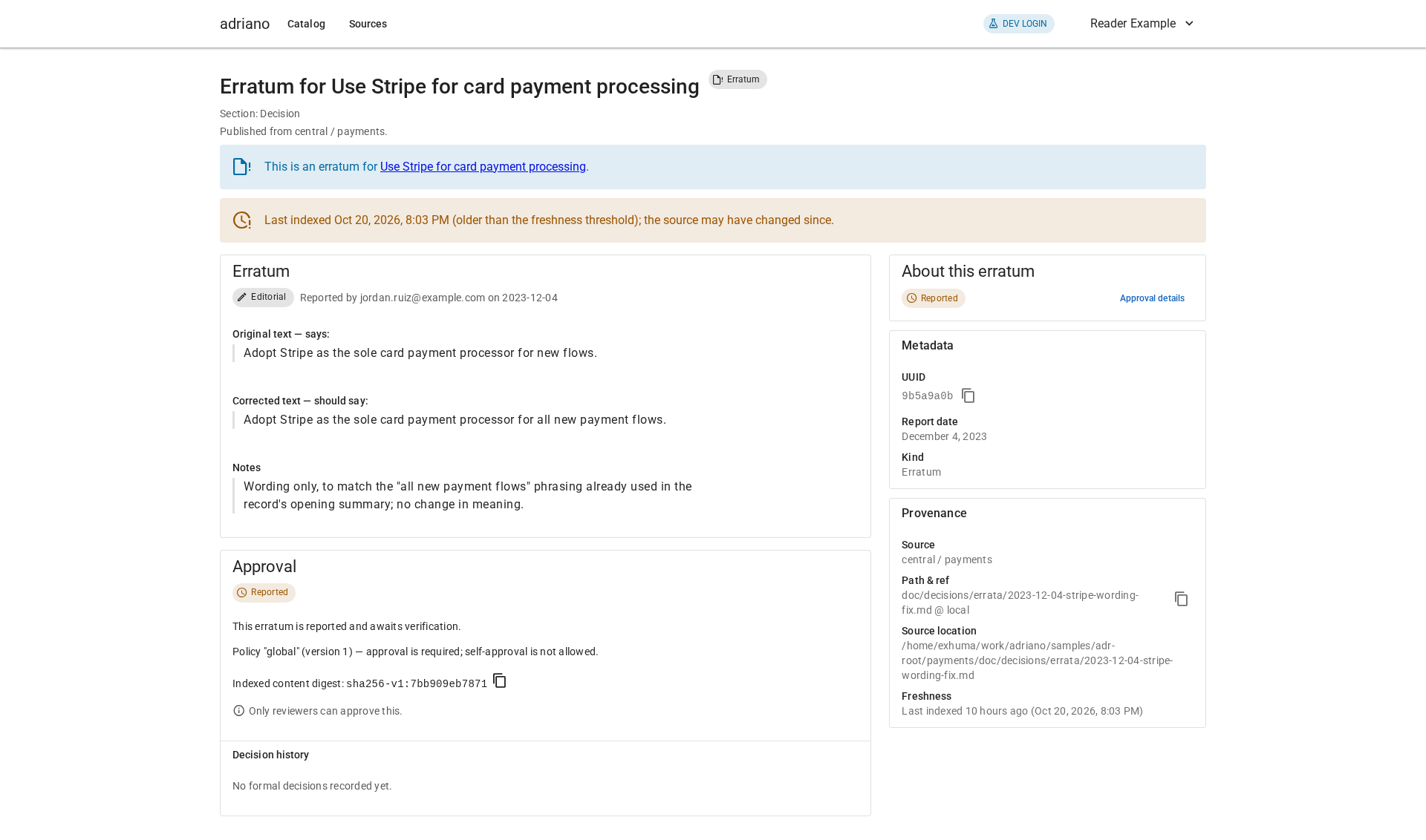 An erratum page for a reader showing the Reported status and a note that only reviewers can approve it.