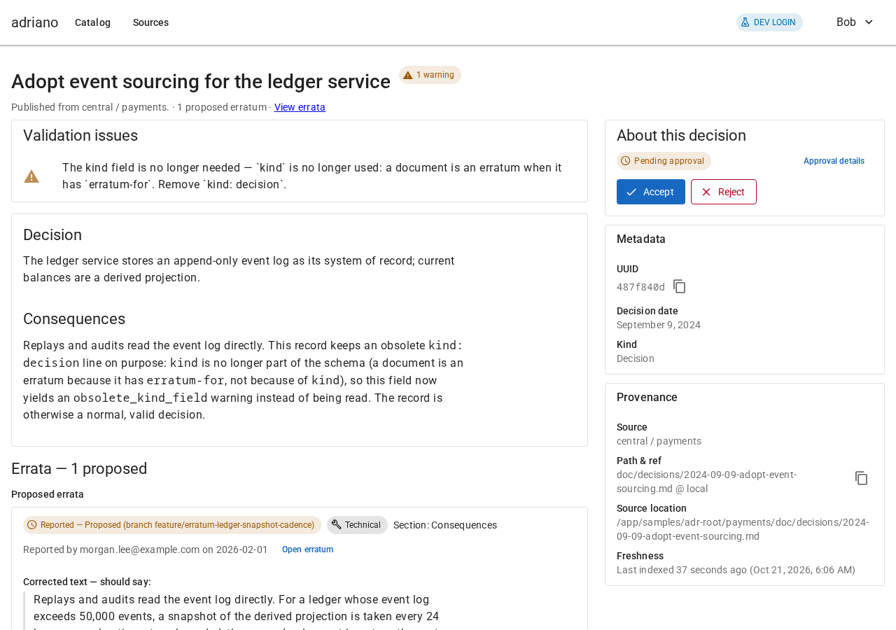 A decision page with a Proposed errata group listing an erratum that comes from a feature branch.