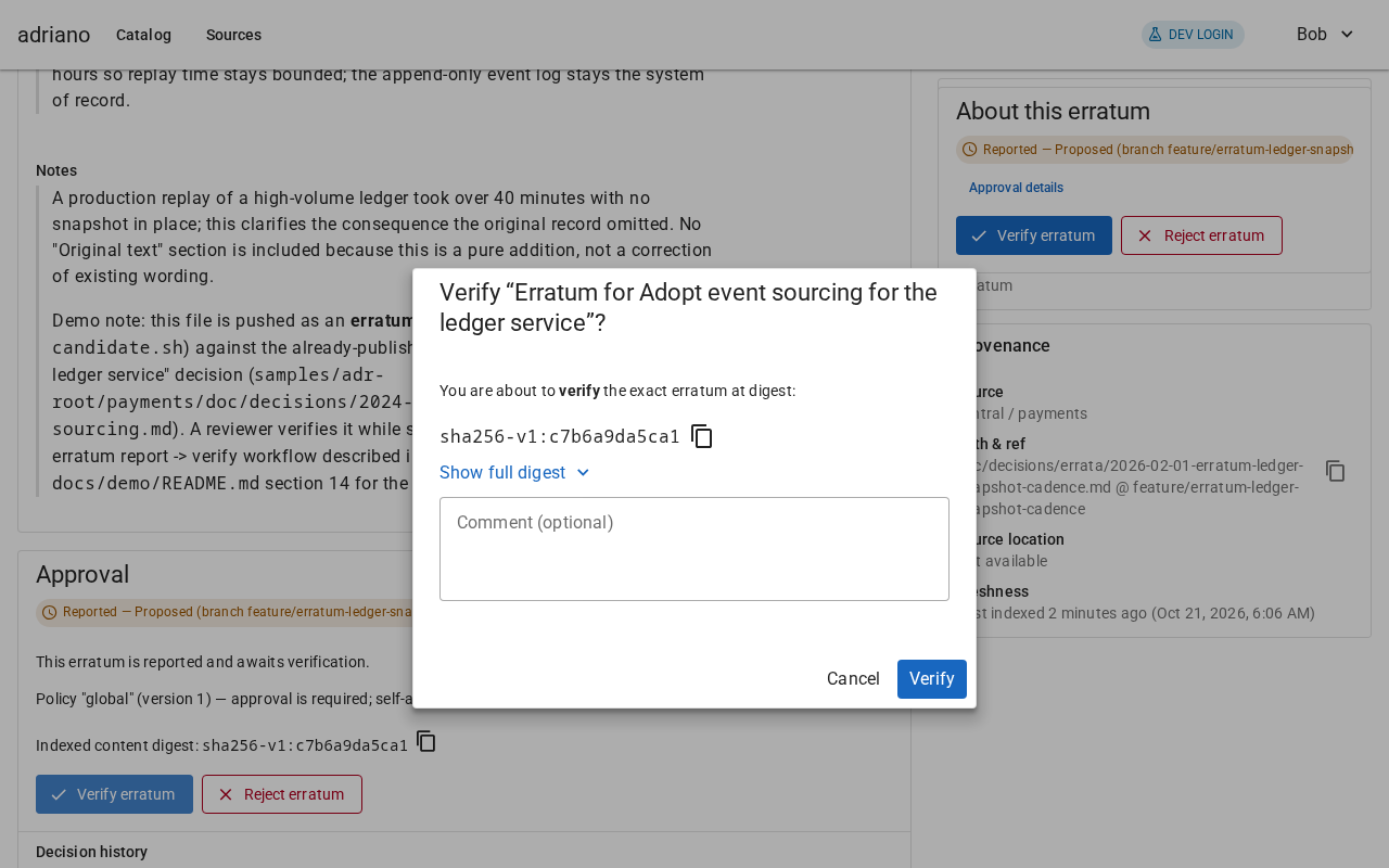 A dialog titled Verify with the erratum name, its content digest, a comment box and Cancel and Verify buttons.