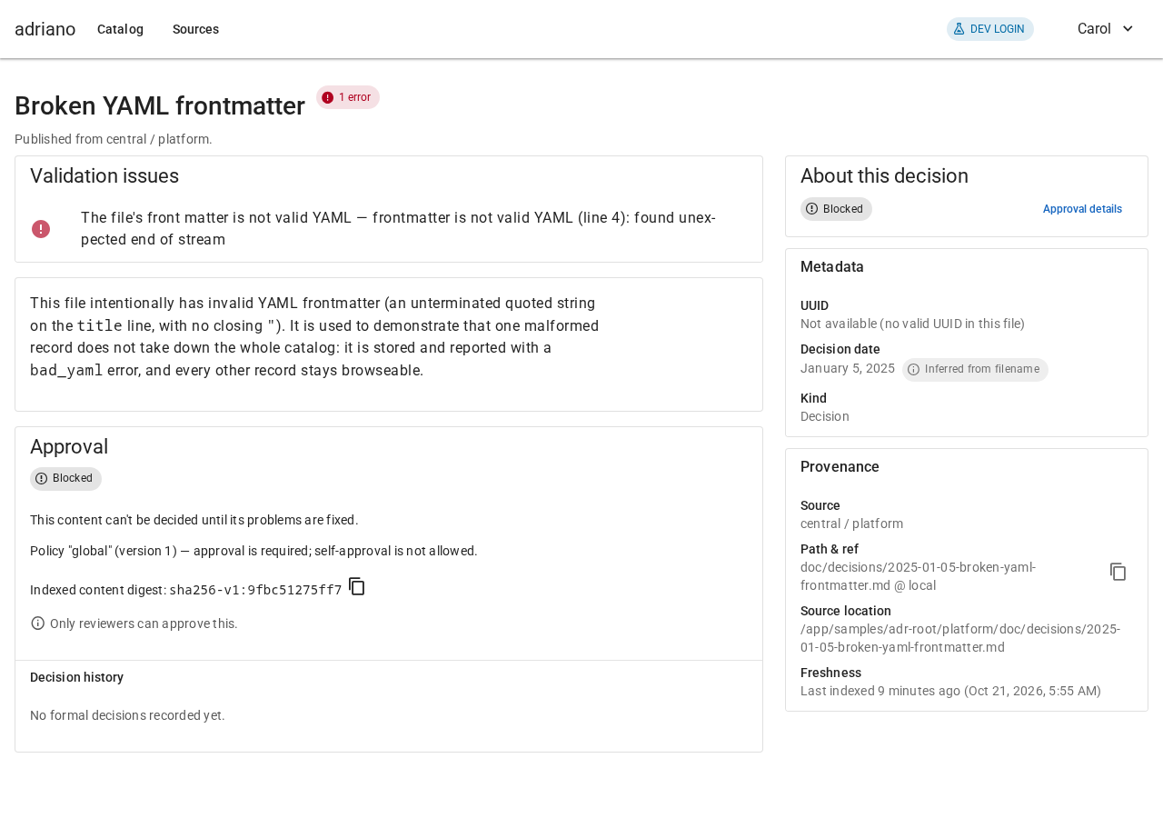 A record page with a red error chip, a validation issue about invalid YAML and a Blocked approval status.