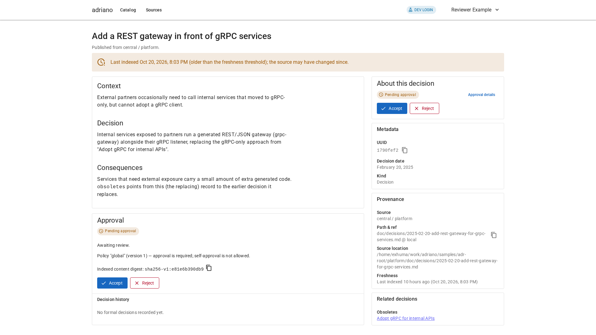 A decision record page with the document on the left, and on the right a sidebar showing Pending approval status with Accept and Reject buttons.