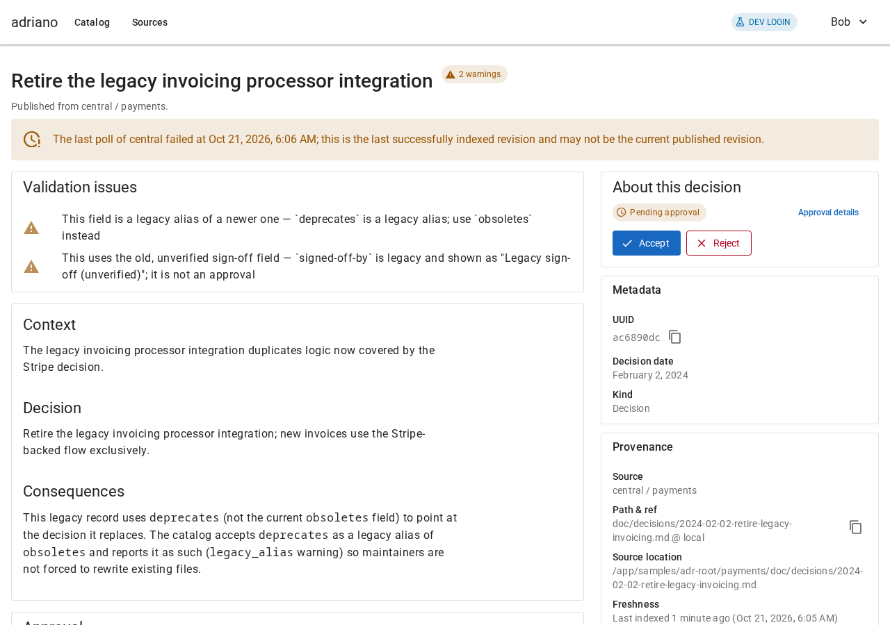 A record page with a warning banner saying the last poll of the source failed and the content may be out of date.