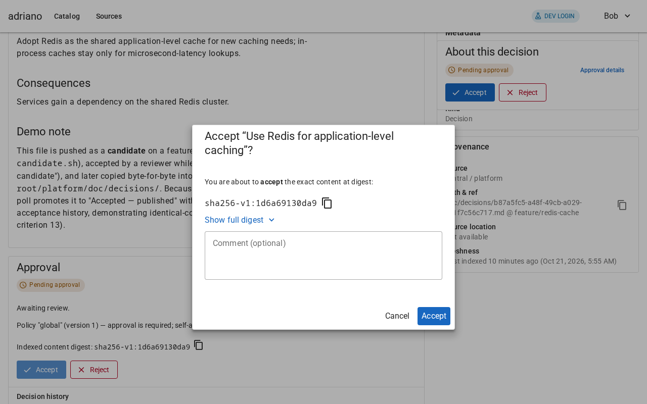 A dialog titled Accept with the record name, the short content digest, a comment box and Cancel and Accept buttons.