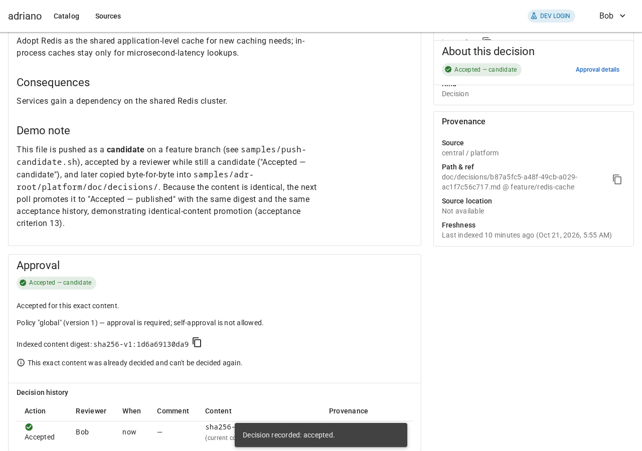 A record page whose status reads Accepted - candidate, with a decision history table listing the acceptance.