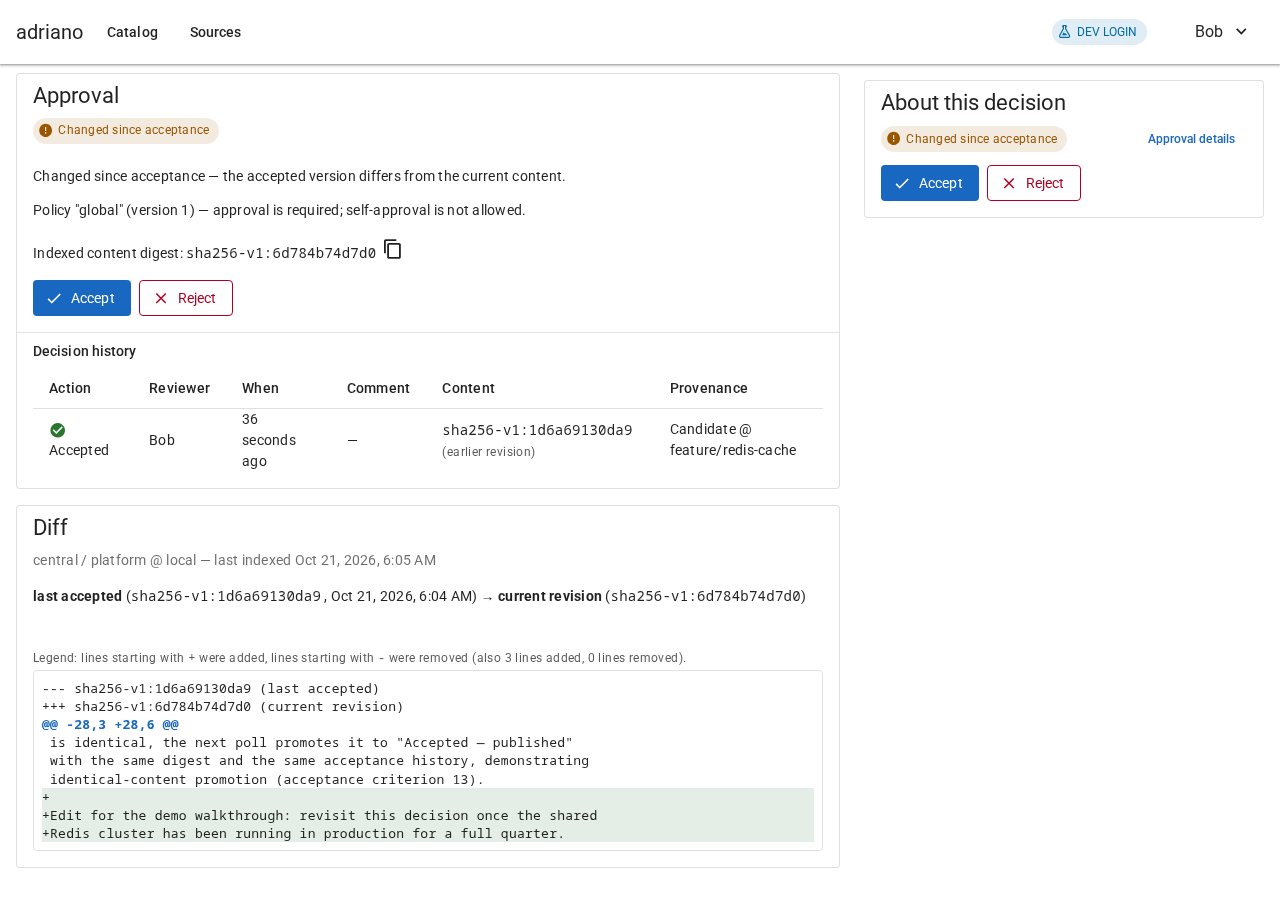 A Diff card showing the lines added between the last accepted revision and the current content.