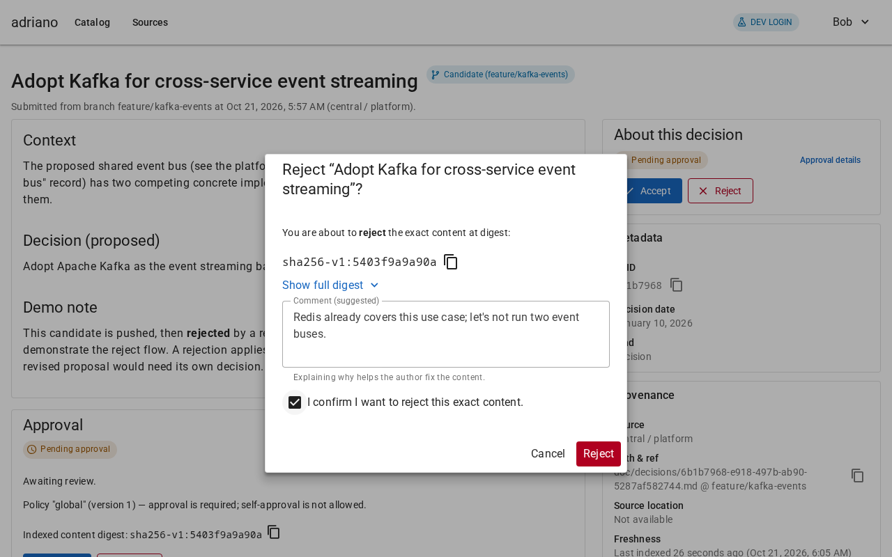 A dialog titled Reject with a comment explaining the reason, a ticked confirmation checkbox and Cancel and Reject buttons.