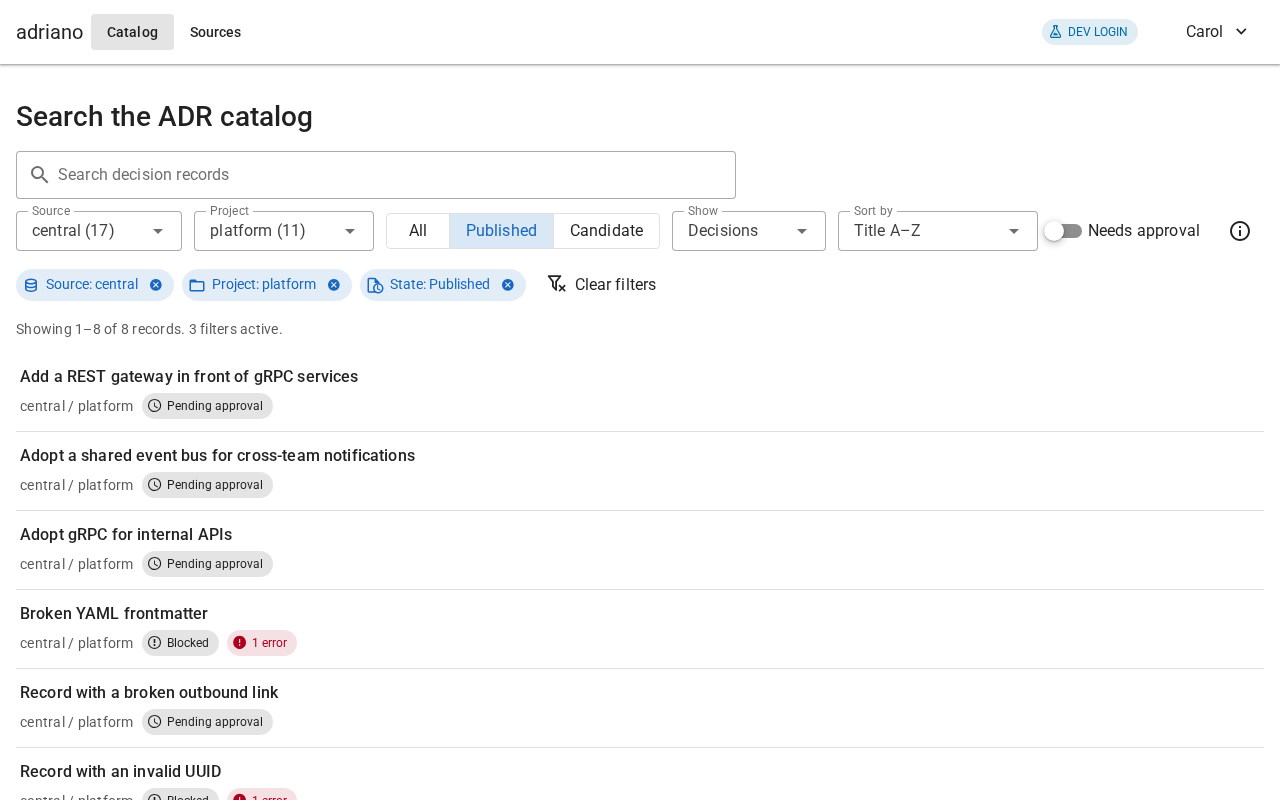 Search results narrowed by three filters, each shown as a closable chip above the list, next to a Clear filters button.