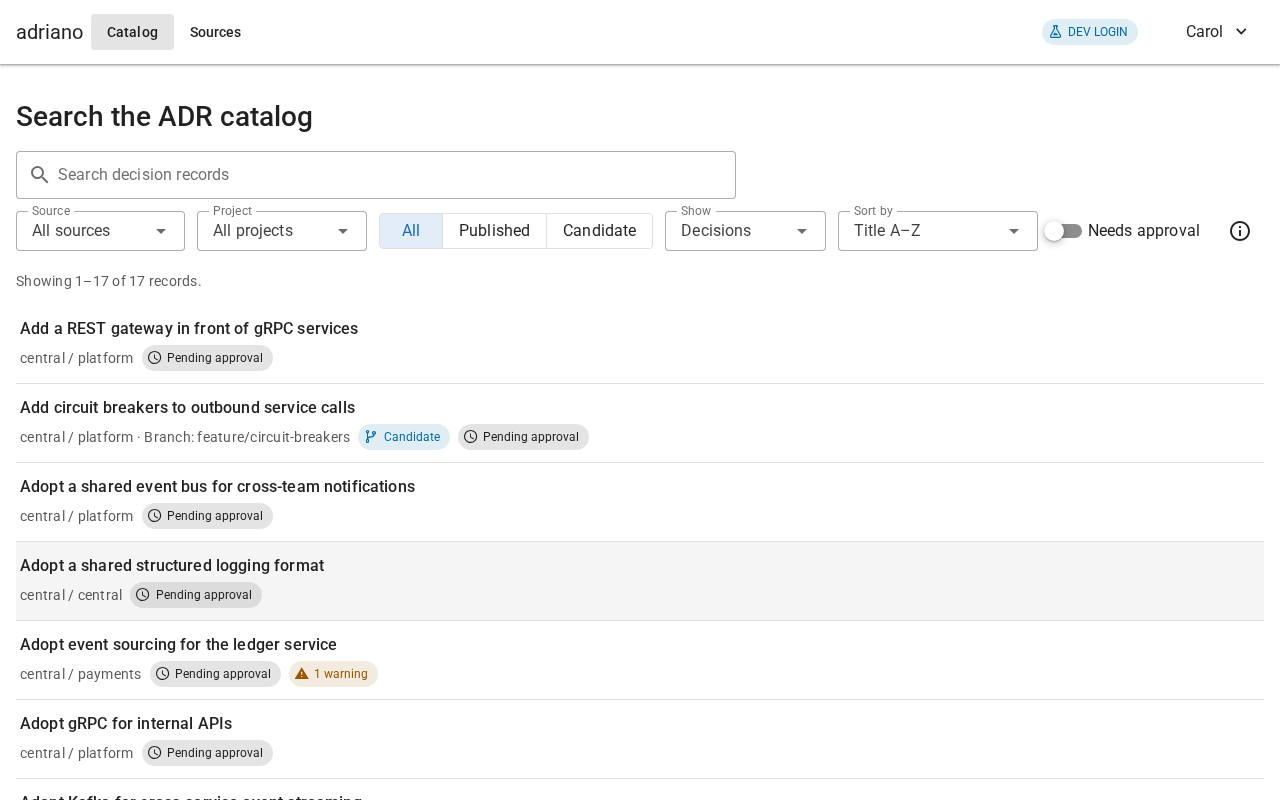 The catalog search page listing decision records with their source, project and status chips below a row of filter controls.