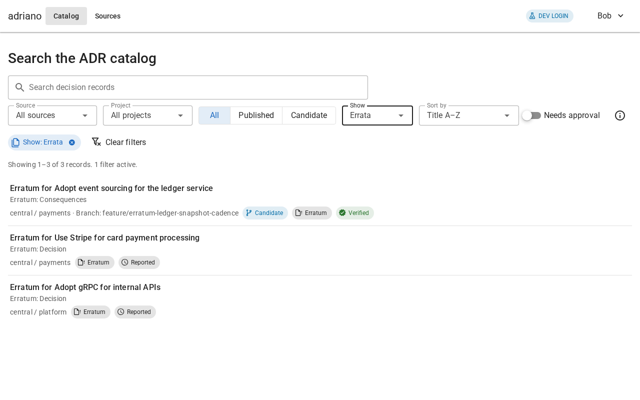 Search results listing three erratum records, each with an Erratum chip and a Reported or Verified status.