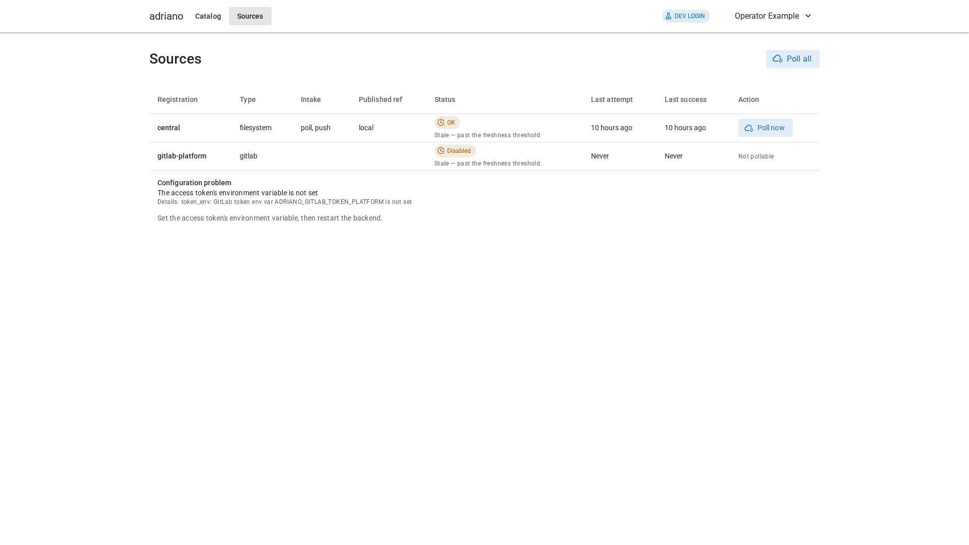 The Sources table where a GitLab source is Disabled, with a Configuration problem message and a hint to set the token variable and restart.