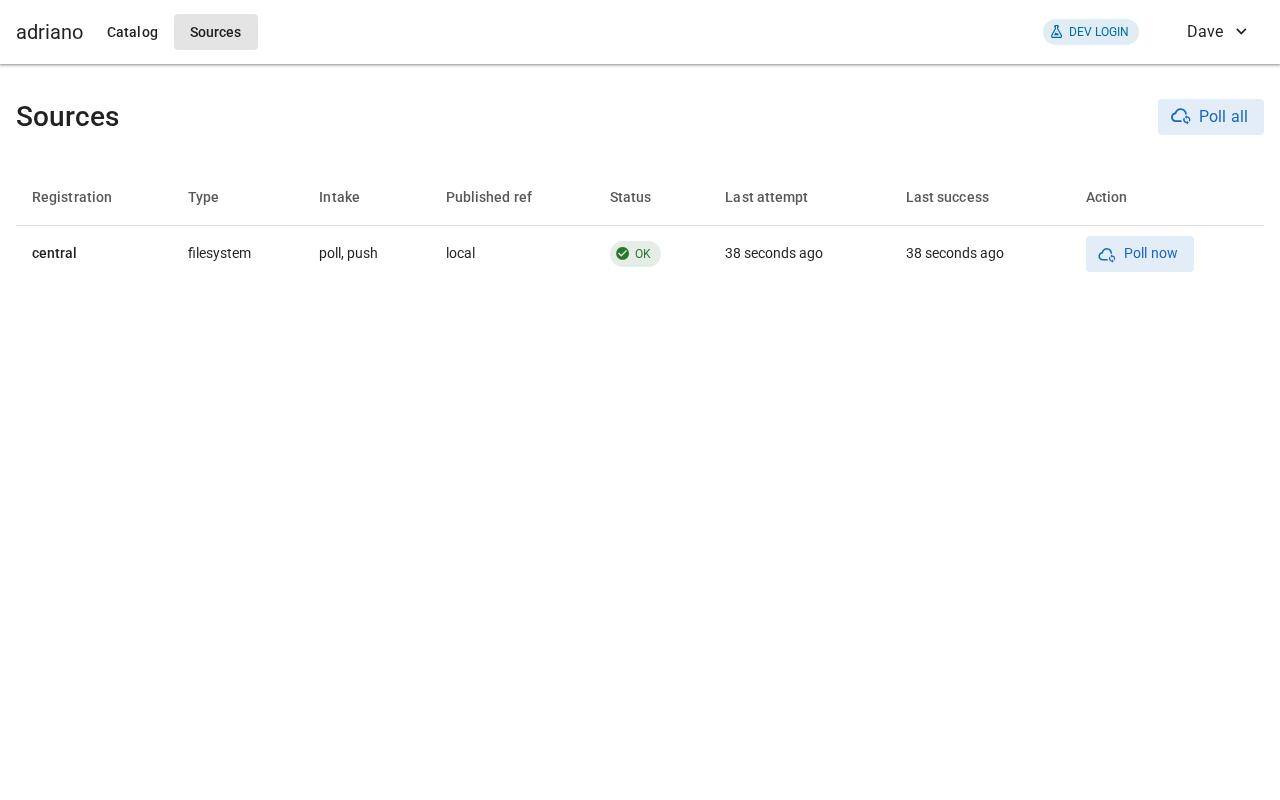 The Sources table with one filesystem source marked OK, with Poll now and Poll all buttons.