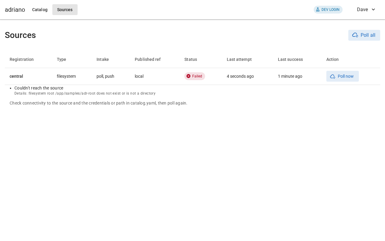 The Sources table with a red Failed status and a message below the row explaining the source could not be reached and how to fix it.