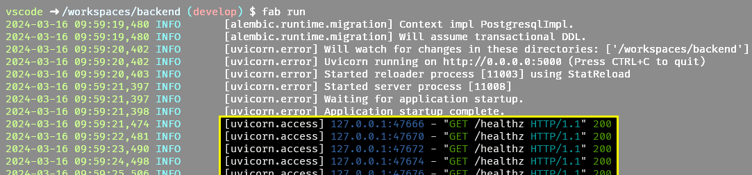 The same access log lines with the client address in blue, the method in green, the path in white, the HTTP version in cyan and the status code in green.