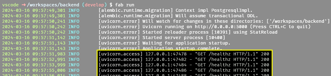 uvicorn access log lines in a terminal: client address, request and status code all in the default text colour.